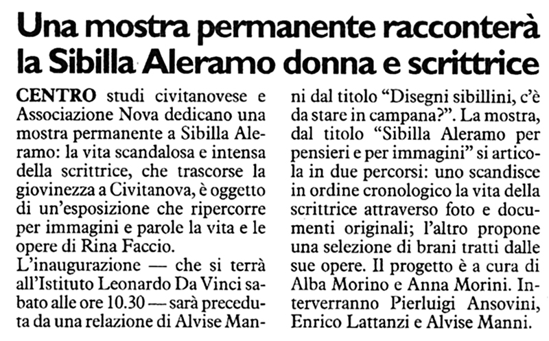Articolo de il Resto del Carlino del 20 settembre 2011 sull'inaugurazione della Mostra Fotografica Didattica Permanente dedicata a Sibilla Aleramo presso il Liceo Scientifico di Civitanova Marche - 24/9/2011