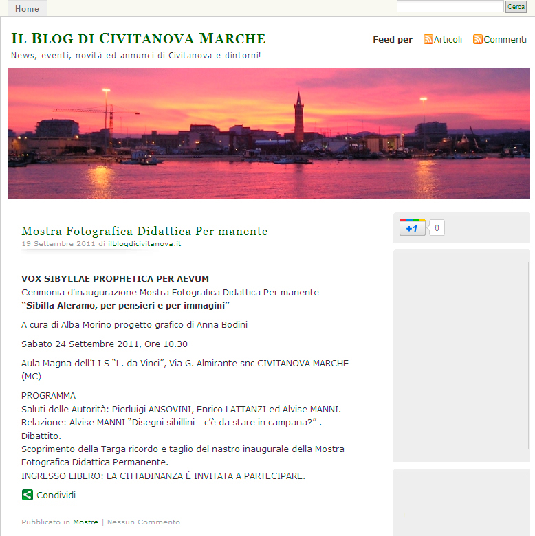 Pagina del sito Blog Civitanova con l'annuncio dell'inaugurazione della Mostra Fotograficia Didattica Permanente dedicata a Sibilla Aleramo - Liceo Scientifico di Civitanova Marche - 24 settembre 2011.