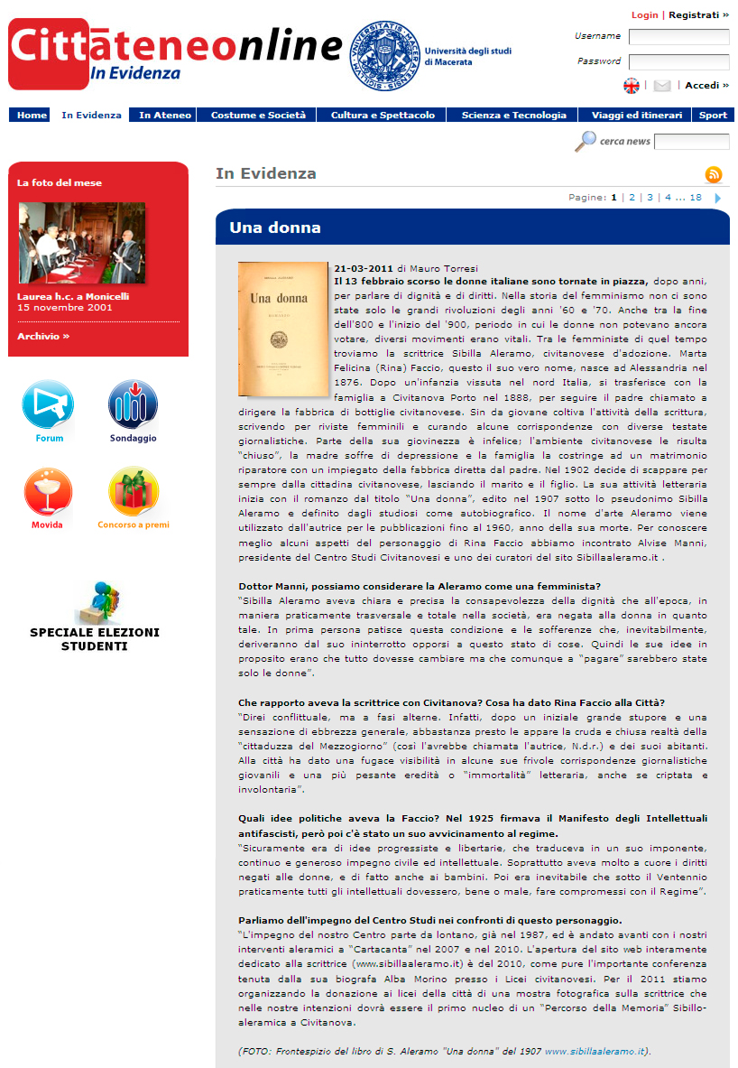 Articolo/intervista del 21 marzo 2011 di Città Ateneo, giornale on-line dell'Università di Macerata, ad Alvise Manni, presidente del Centro Studi Civitanovesi, su Sibilla Aleramo.