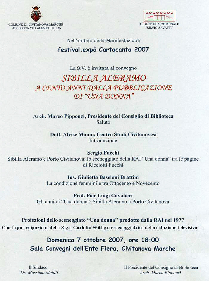 Invito alla conferenza del 7 ottobre 2007 su Sibilla Aleramo nell'ambito del Festival.Expï¿½ Cartcanta 2007 a Civitanova Marche.