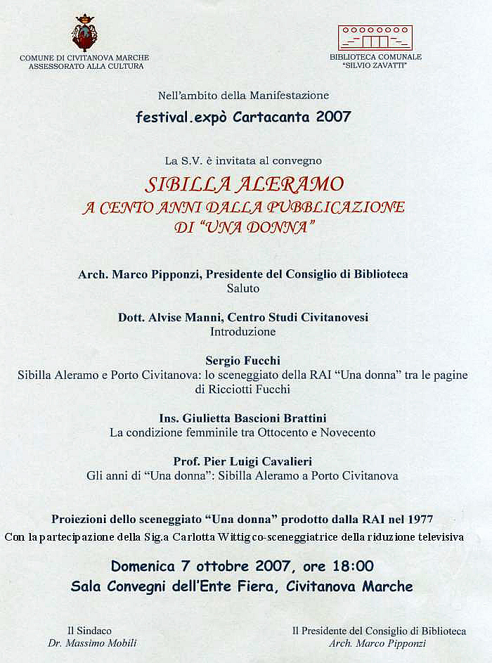 Invito alla conferenza del 7 ottobre 2007 su Sibilla Aleramo nell'ambito del Festival.Exp� Cartcanta 2007 a Civitanova Marche.