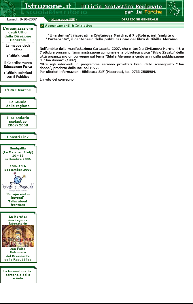 Pagina del sito dell'Ufficio Scolastico Regionale delle Marche con la citazione della conferenza su Sibilla Aleramo del 7 ottobre 2007 a Civitanova Marche