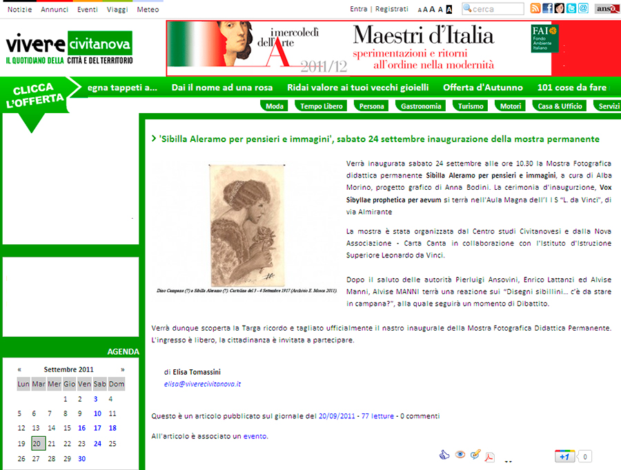 Pagina del sito Vivere Civitanova con l'annuncio dell'inaugurazione della Mostra Fotograficia Didattica Permanente dedicata a Sibilla Aleramo - Liceo Scientifico di Civitanova Marche - 24 settembre 2011.